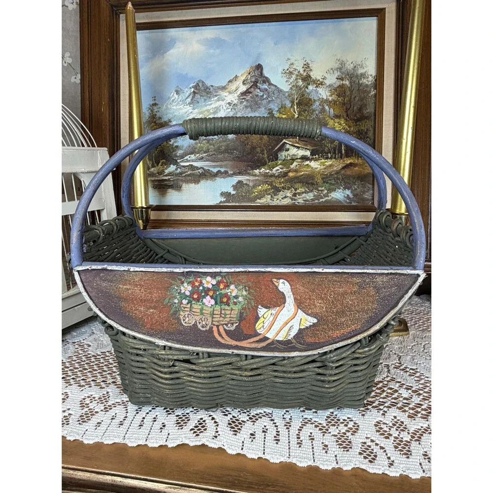 Vintage Hand Painted Goose Flower Cart Wicker Basket Country Cottagecore Decor